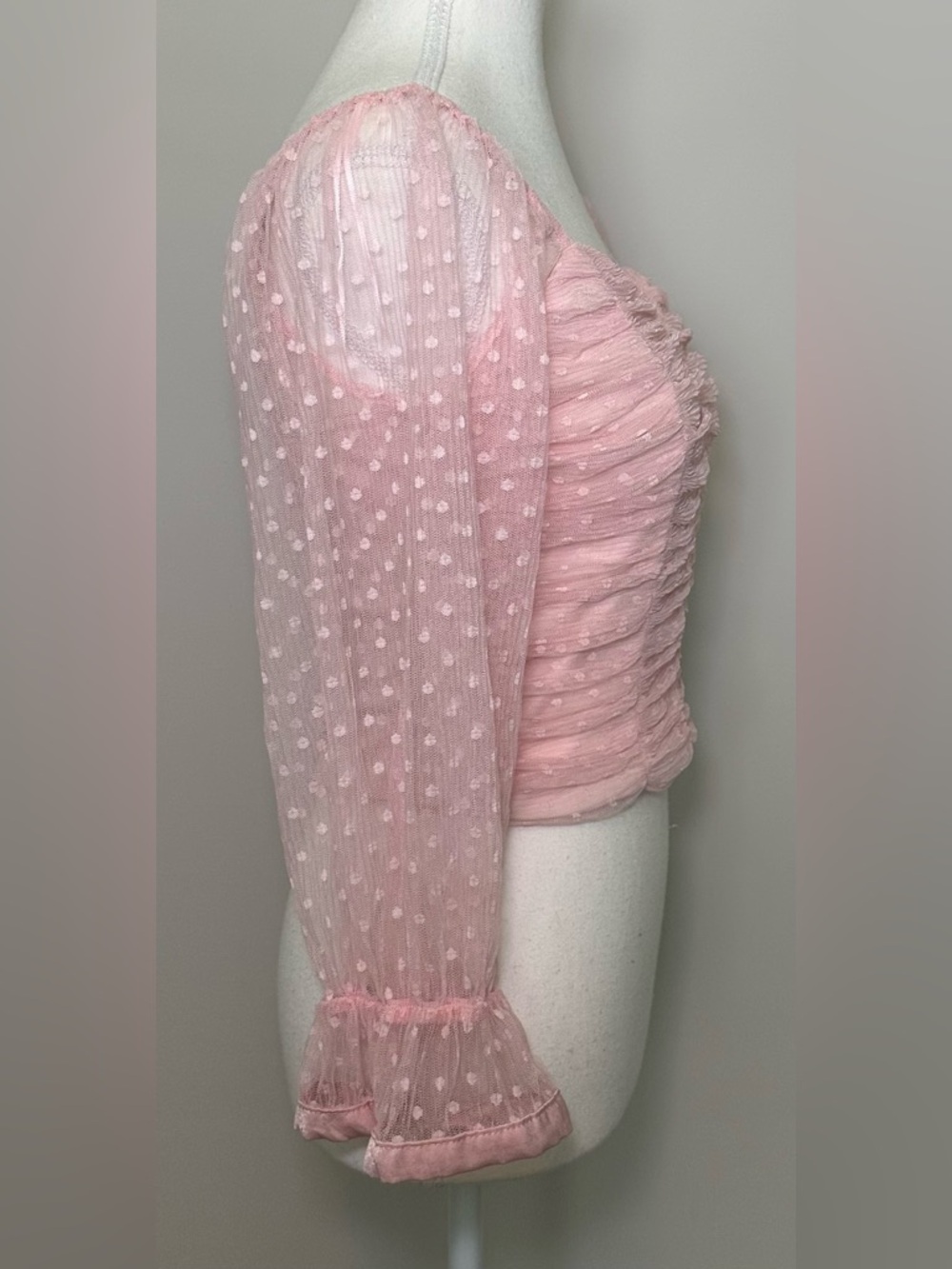 Pink Polka Dot Ruched Mesh Crop Top Sheer Sweetheart Feminine Romantic Y2K 90s S - Picture 9 of 12